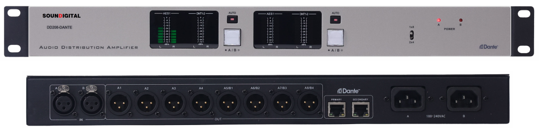 DD208-N 音频分配器带网络传输、监测及 2 选 1 切换